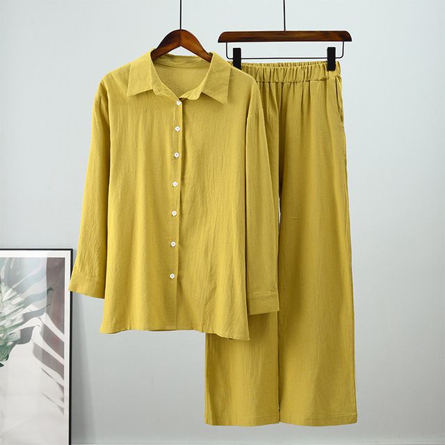 Damesshirt en broekpak, reversshirt met lange mouwen en elastische broek 2-delige set, modieus kantoorpak_voghion.com