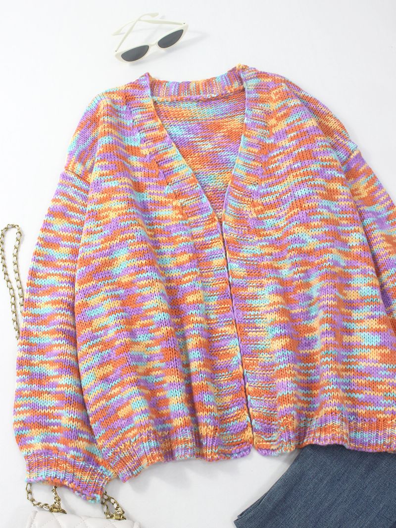 Rainbow Striped Oversized Knit Cardigan Women's Boho Chic Open Front Long Sleeve Sweater For Fall & Winter_voghion.com