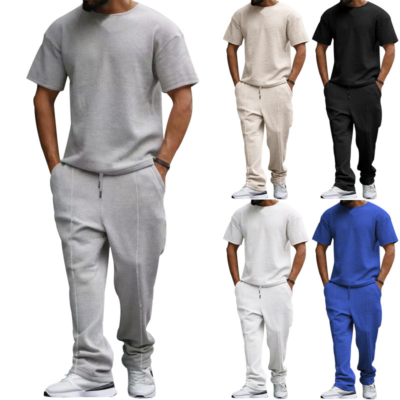 men's short-sleeved trousers suit heavyweight waffle oversize large size round neck casual suit_voghion.com