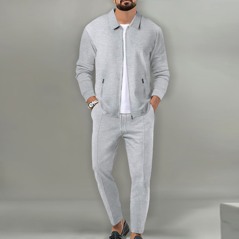 2024 Kåpe Høst Ungdom Vaffel Glidelås Lomme Flip Krage Slim Fit Cardigan Jakkesett for menn_voghion.com