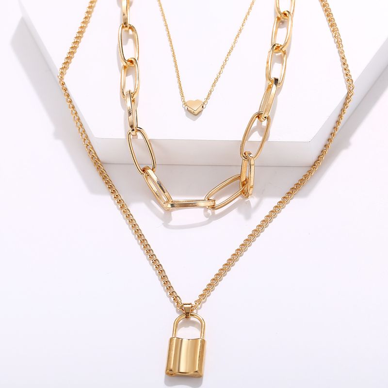 new multi layer necklace Creative retro simple heart lock pendant three layer sweater chain_voghion.com