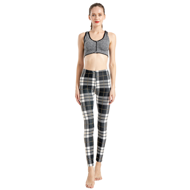 Leggings sportivi elastici a nove punti con stampa scozzese a righe alla moda da donna_voghion.com