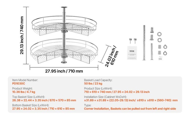 28" 2 Tier Kidney Shaped Chrome Corner Organizer Lazy Susan Cabinet Blind Corner_voghion.com