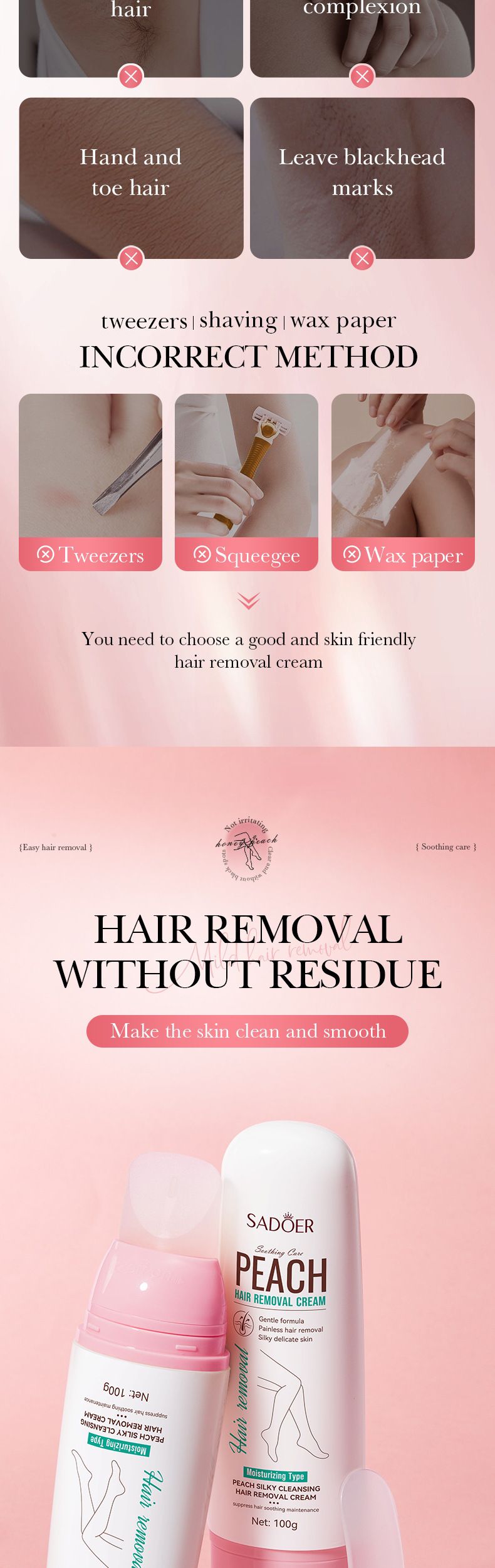 Crema depilatoria detergente per le ascelle Peach 100 g, liscia come la seta, prodotto per la cura della pelle_voghion.com