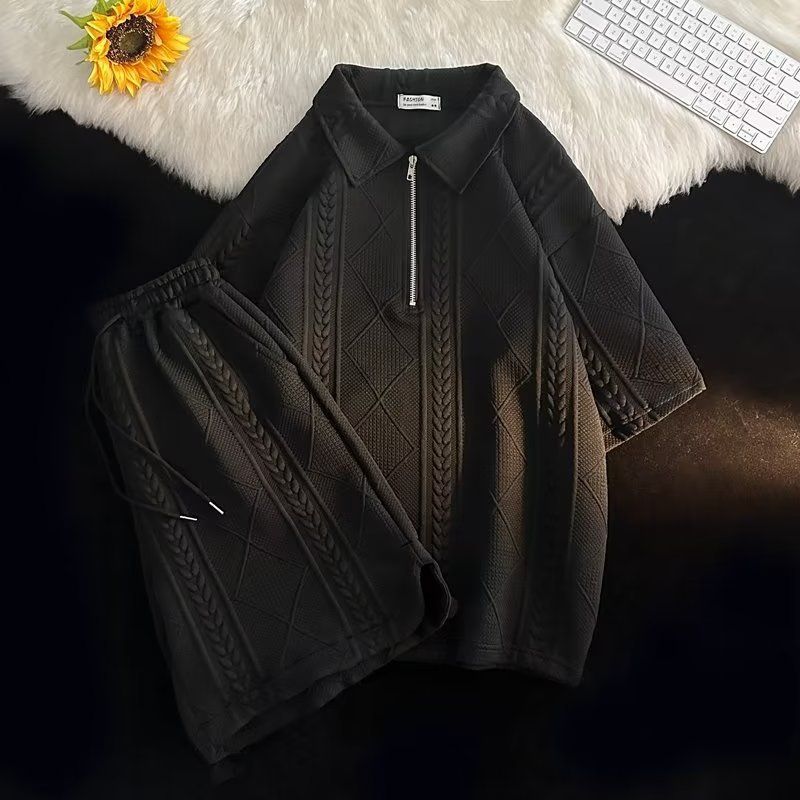 Waffel-Poloshirt, kurzärmelig, T-Shirt, Shorts, Sommer, lockere Kleidung, trendiges Top-Hosen-Set für Herren_voghion.com