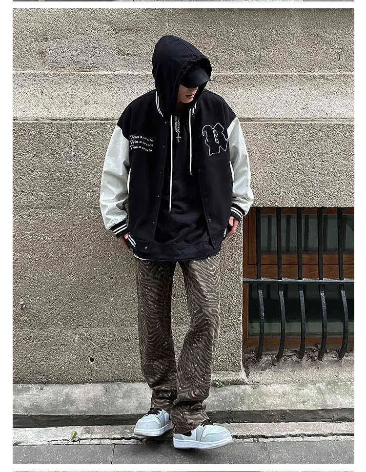 Herrenjacken, Rote Varsity-Männer, Übergroße Baseball-Bomberjacke mit Buchstabenstickerei, Vintage-Stil, Lederärmel_voghion.com