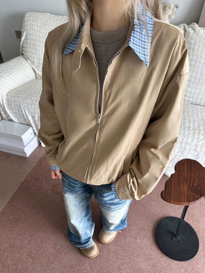 Men's Clothing Men's Vintage-Inspired Checkered Cleanfit Jacket - Casual Two-Tone Layered Look With Stand Collar & Zip Front (Khaki/Navy)_voghion.com