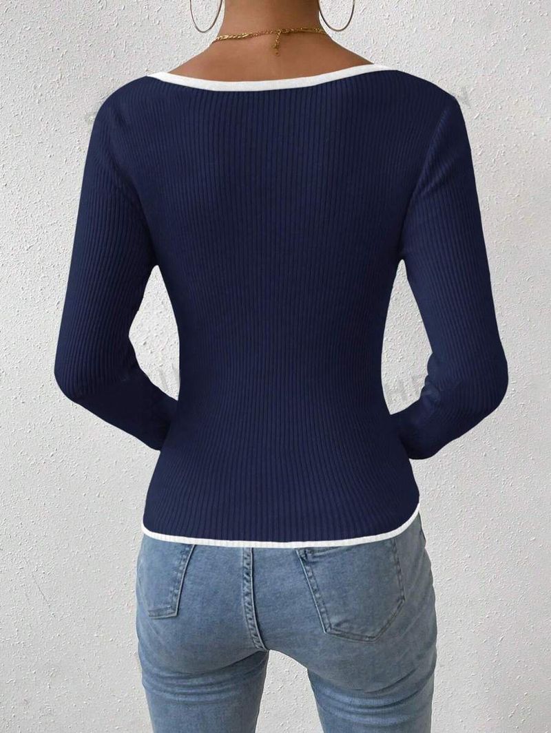Pull tricoté à col en V pour femme, coupe ajustée, côtelé vertical, mode printemps-automne_voghion.com