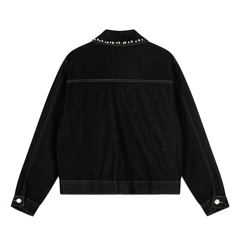 Amerikanischer Stil Perlendesign Abgesteppter gewaschener Denim Unisex Neue lose vielseitige kurze Jacke trendig_voghion.com