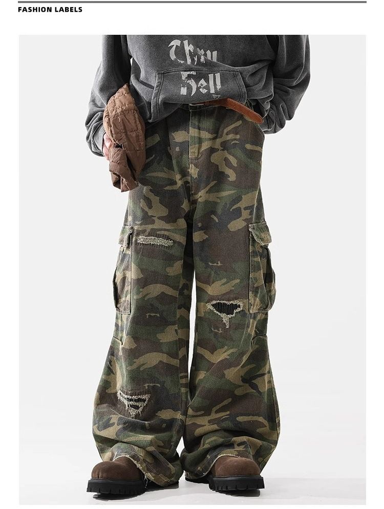 Men's Clothing High Street Pure Wild Hole Camouflage Pants Men And Womentrend Big Pocket Casual Overalls Loose Vibe_voghion.com