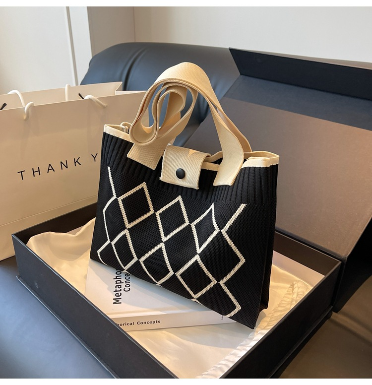 Γυναικεία Τσάντα Ώμου με Πλεκτό Ρόμπο Φθινοπωρινή Πολυχρηστική Τσάντα Tote με Κρυφή Αγκράφα Τσάντα Tote Μεγάλης Χωρητικότητας_voghion.com