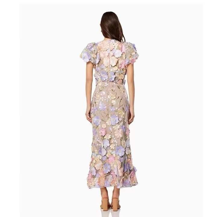 Gonna da donna di media lunghezza con scollo rotondo ricamato a fiori tridimensionali con maniche a sbuffo, leggero e lussuoso_voghion.com