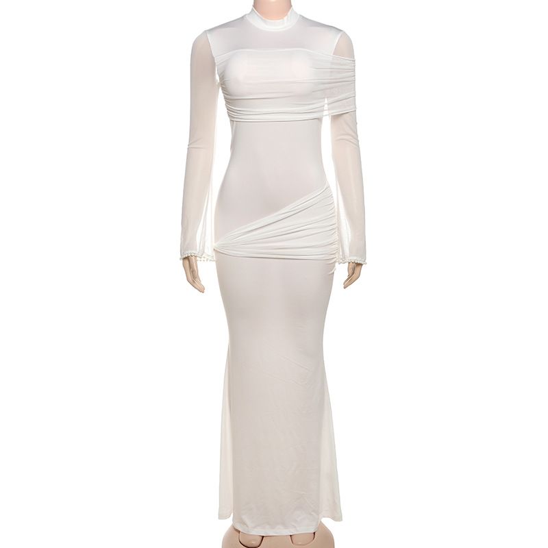 Elegante abito a maniche lunghe con pannello in rete – Abito aderente a vita alta con dettagli trasparenti (S-L, bianco/giallo, femminile e chic)_voghion.com