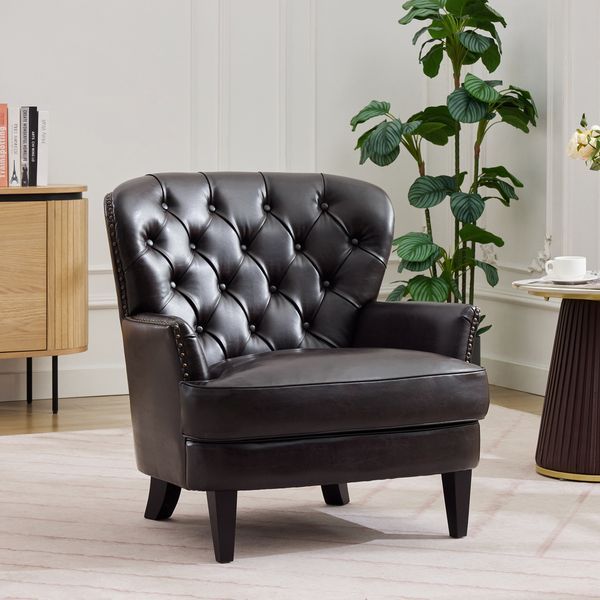 Mirod Vintage-Inspired Upholstered Lounge Chair With Nailhead Trim ,Solid Wood Legs For Stability And Elegant Curved Backrest For Comfort,Versatile_voghion.com