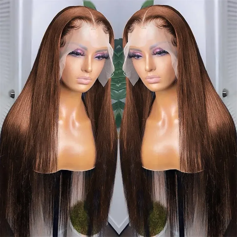 Parrucche frontali in pizzo marrone dritto per capelli umani da donna, parrucca frontale trasparente HD da 30 pollici, capelli colorati pre-pizzicati_voghion.com