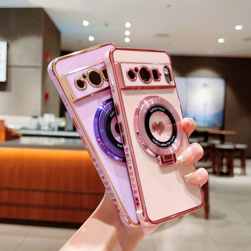 Coque de téléphone plaquée en forme de cœur sur le côté pour Google Pixel 10, 9 Pro XL, 8 Pro, 8A, 9A, 7A, 10 Pro et 9 Pro XL ; protection d'objectif et support inclus._voghion.com