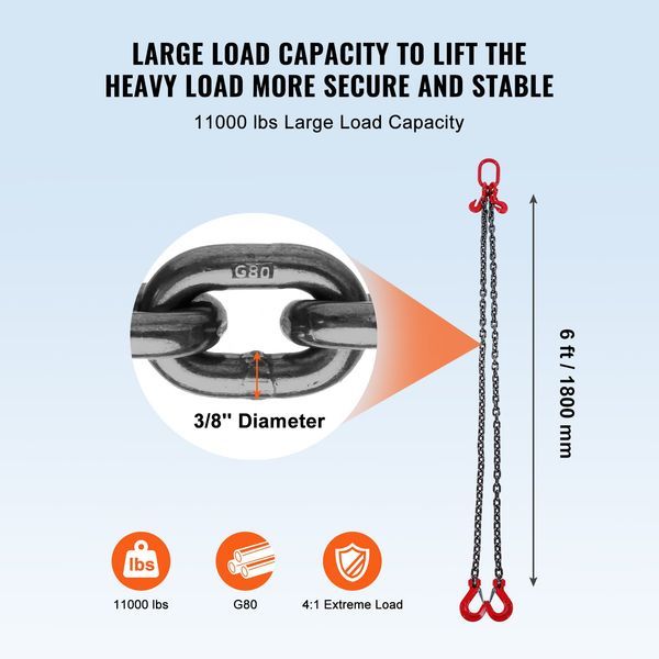 3/8' X 6' Chain Sling 2 Legs G80 Lifting Chain With Grab Hooks 11000 Lbs_voghion.com