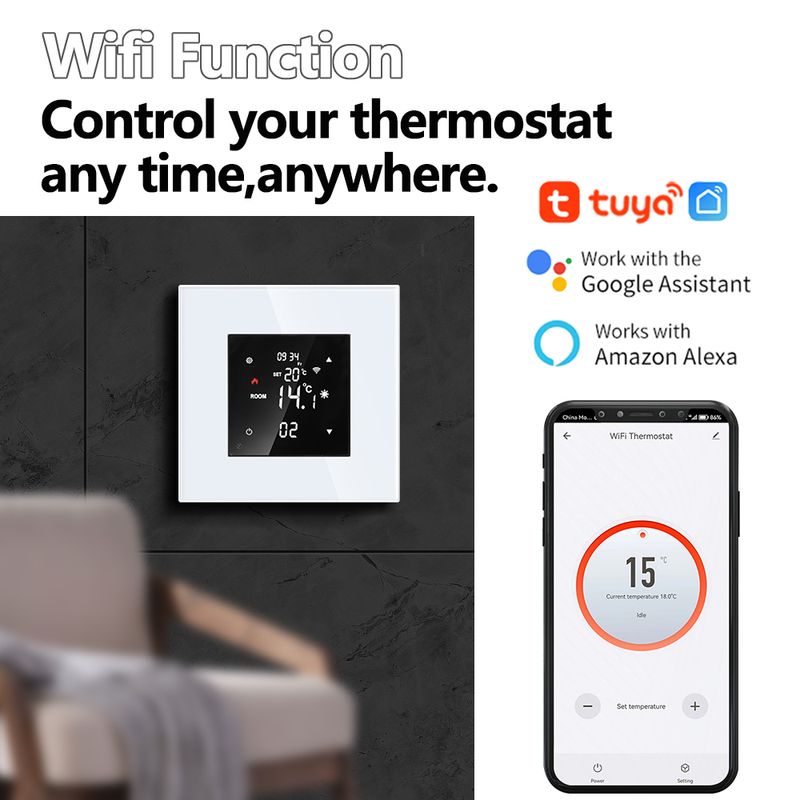 WIFI Termostat LCD Dokunmatik Ekran Işık Anahtarı, Termostatlı Duvar Prizi Su/Elektrik veya Isıtma Akıllı Ev_voghion.com