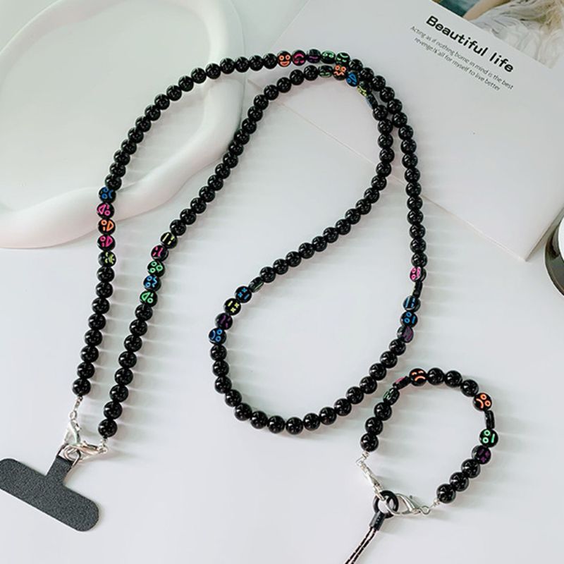 Zwarte ronde kraal gepersonaliseerde ophangkoord, lange ketting, geen gat clip kaart, diagonaal dragen mobiele telefoon hanger voor_voghion.com