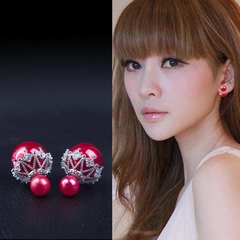 2 Colors-Red White Double-sided Pearl Earrings, S925 Silver Earrings for Women, Fashion Jewelry, Ear Studs_voghion.com
