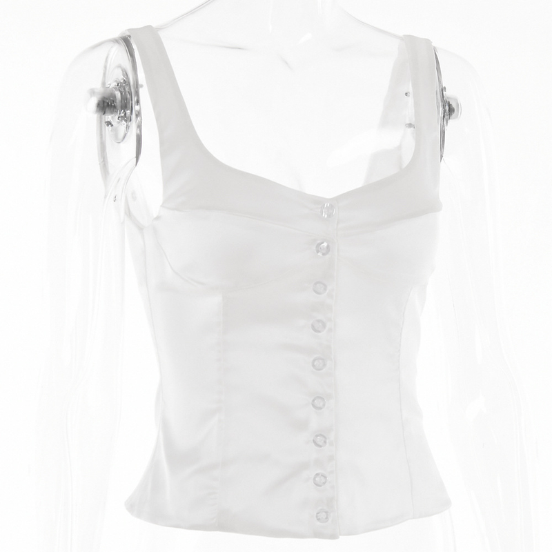 La camicetta da donna con colletto quadrato, cavezza, bottoni, senza maniche, senza schienale, può essere coperta con un gilet_voghion.com