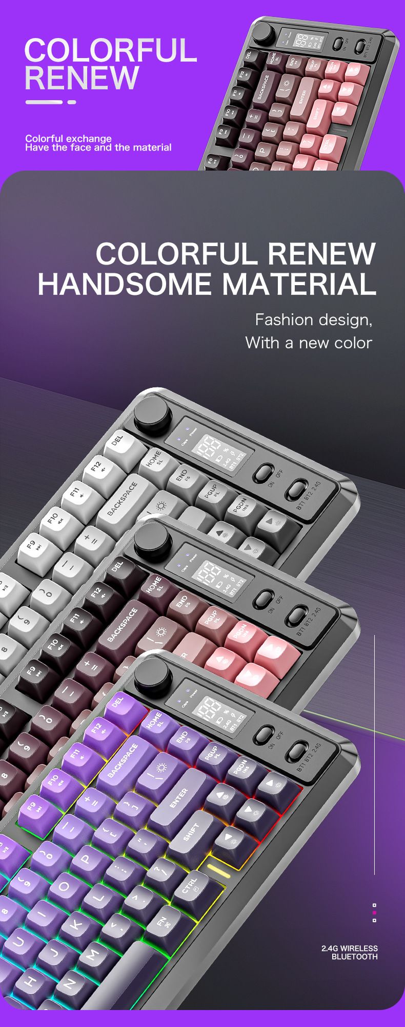 Free Wolf M75 Drahtlose Bluetooth Dual Modus Mechanische Tastatur PBT Allmählich Ändern Ball Kappe Mit Display Spiel Tastatur_voghion.com