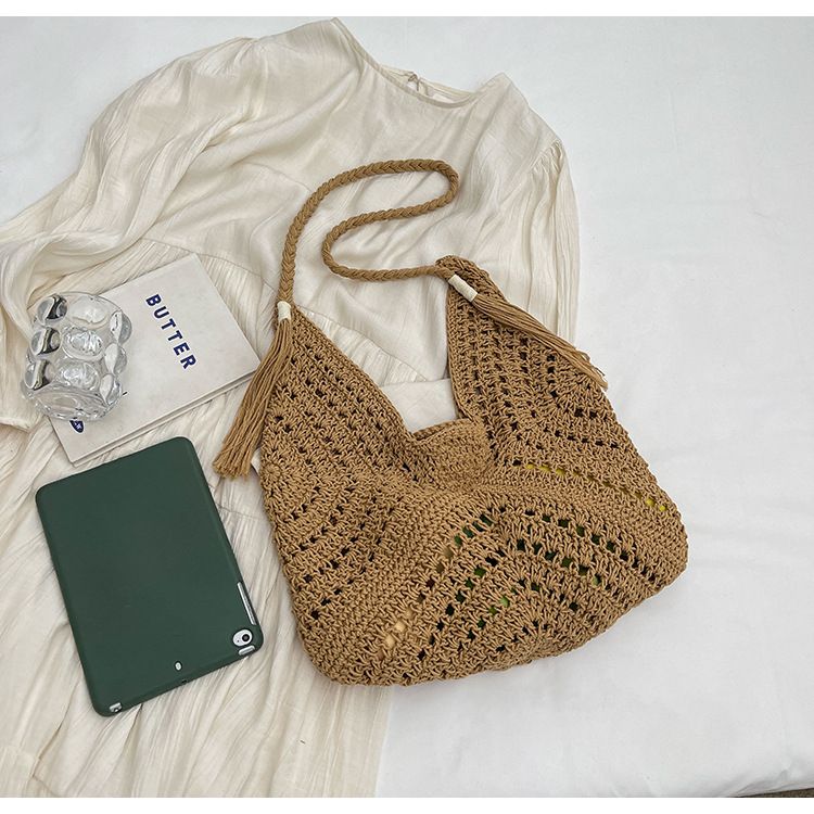 Borsa di paglia Borsa intrecciata Borsa da spiaggia Borsa a tracolla da donna in maglia di cotone Borsa da viaggio di grande capacità_voghion.com