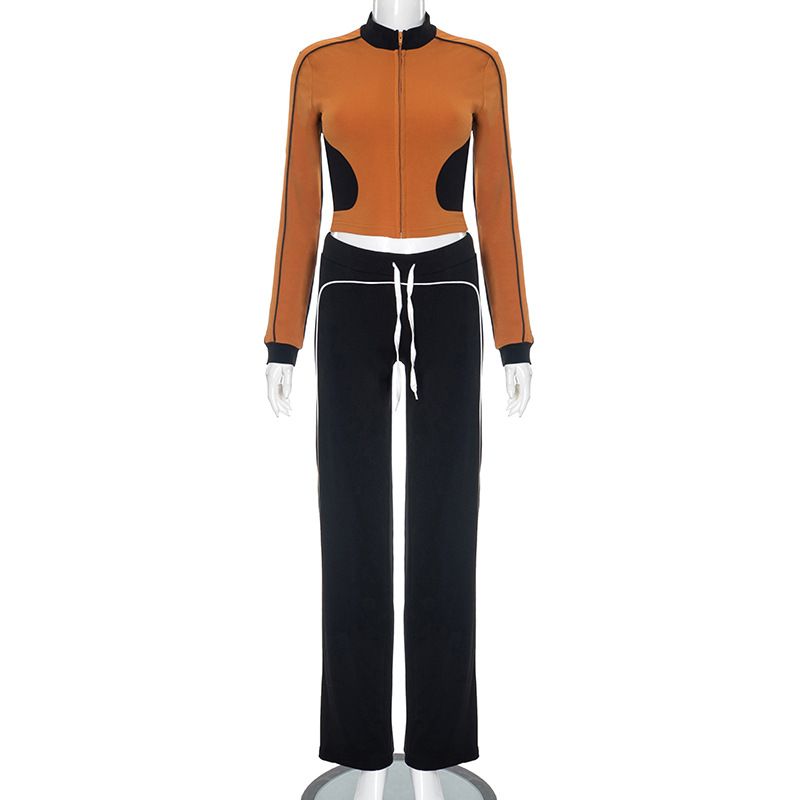 Abbigliamento da donna, linea autunno e inverno, pantaloni a vita alta con elastico in corda, senza colletto, con cerniera, in colori a contrasto_voghion.com
