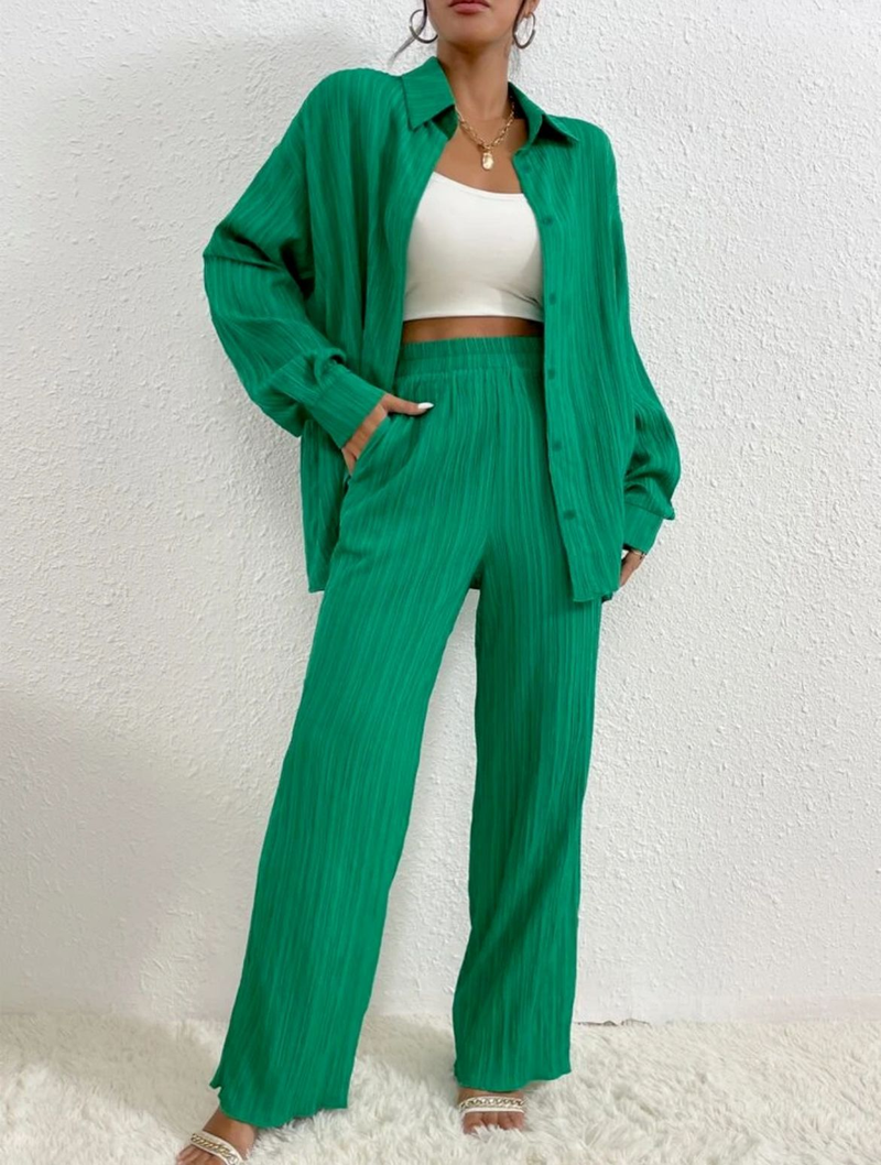 Ensemble deux pièces décontracté pour femmes européennes et américaines, couleur unie, drapé, ample, lisse, plissé, printemps et automne_voghion.com