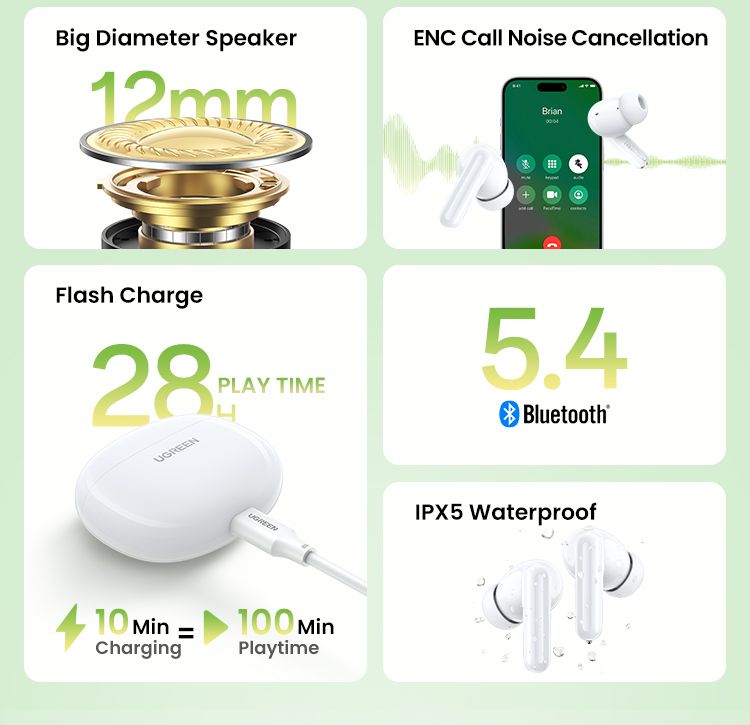 UGREEN HiTune P3 TWS Bluetooth-Kopfhörer, kabellose Kopfhörer, 28 Stunden Anrufgeräuschunterdrückung, In-Ear-Ohrhörer mit Freisprechfunktion_voghion.com