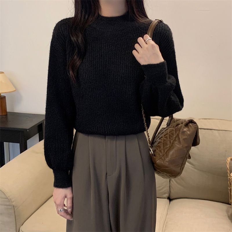 Pull tricoté abricot d'automne pour femme, col rond, manches lanternes, base épaisse, haut ajusté_voghion.com