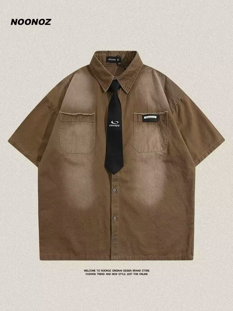 Gradient Casual Shirt Men's Short Sleeve - Loose Fit V-Neck Summer Top With Detachable Tie | Breathable Poly-Cotton Blend | Streetwear Style_voghion.com