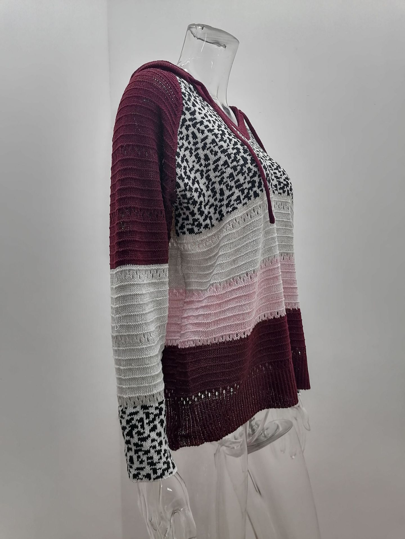 Roupas femininas New Wish Outono e Inverno Listrado Com Capuz Suéter Estampa Leopardo_voghion.com