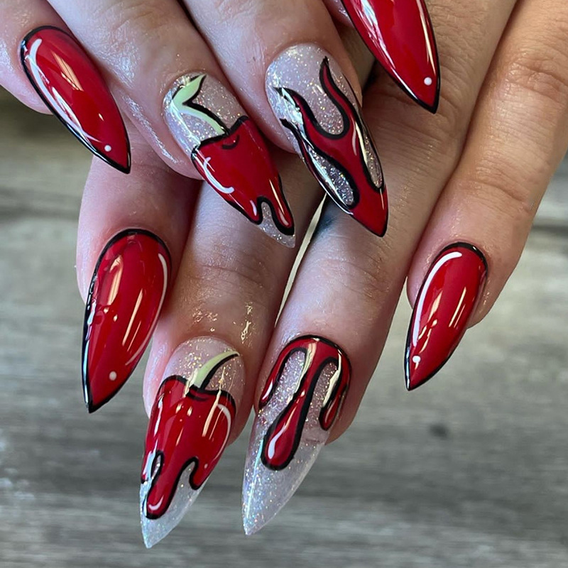 24 unghie finte di mandorla con design a fiamma rossa, ovale lungo, con glitter per unghie finte, stampa a spillo sulle unghie, copertura completa_voghion.com