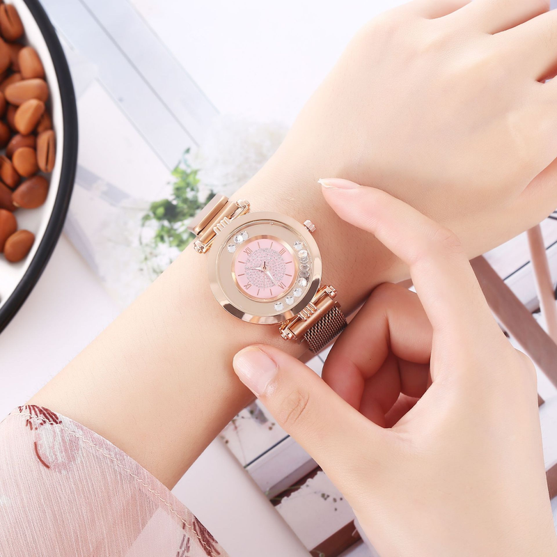 Cost performance full diamond ball quicksand women's mesh quartz ultra-thin Roman digital magnet watch_voghion.com