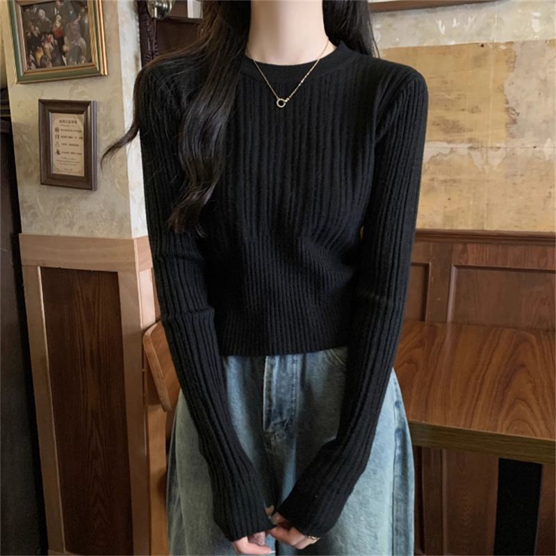 Unique slim fit round neck base for women's autumn and winter 2023 new high-end style sweater with long sleeved knit top_voghion.com