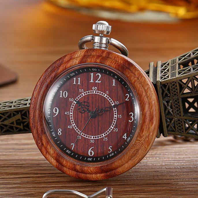 Vintage Wooden Pocket Watch With Dual-Loop Chain - Unisex Quartz Timepiece In Natural Wood Finish (45mm Case, Alloy Strap, Multiple Color Options)_voghion.com