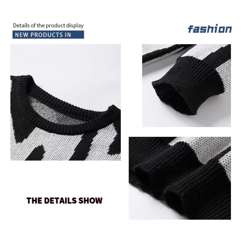 Elegante maglione in maglia jacquard da uomo - Pullover ampio a maniche lunghe con scollo rotondo per adolescenti e adulti (nero/bianco, grigio/nero, crema/marrone, blu/bianco)_voghion.com