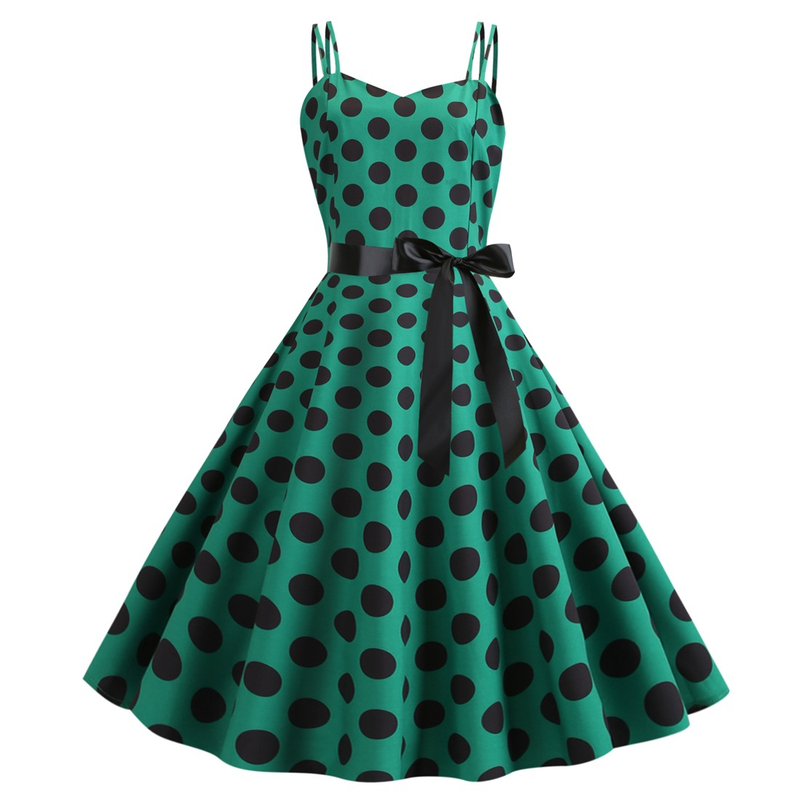 L8036 Neue Sommer frauen Sexy Doppel Strap Open Back Polka Dot Print A-linie Kleid_voghion.com