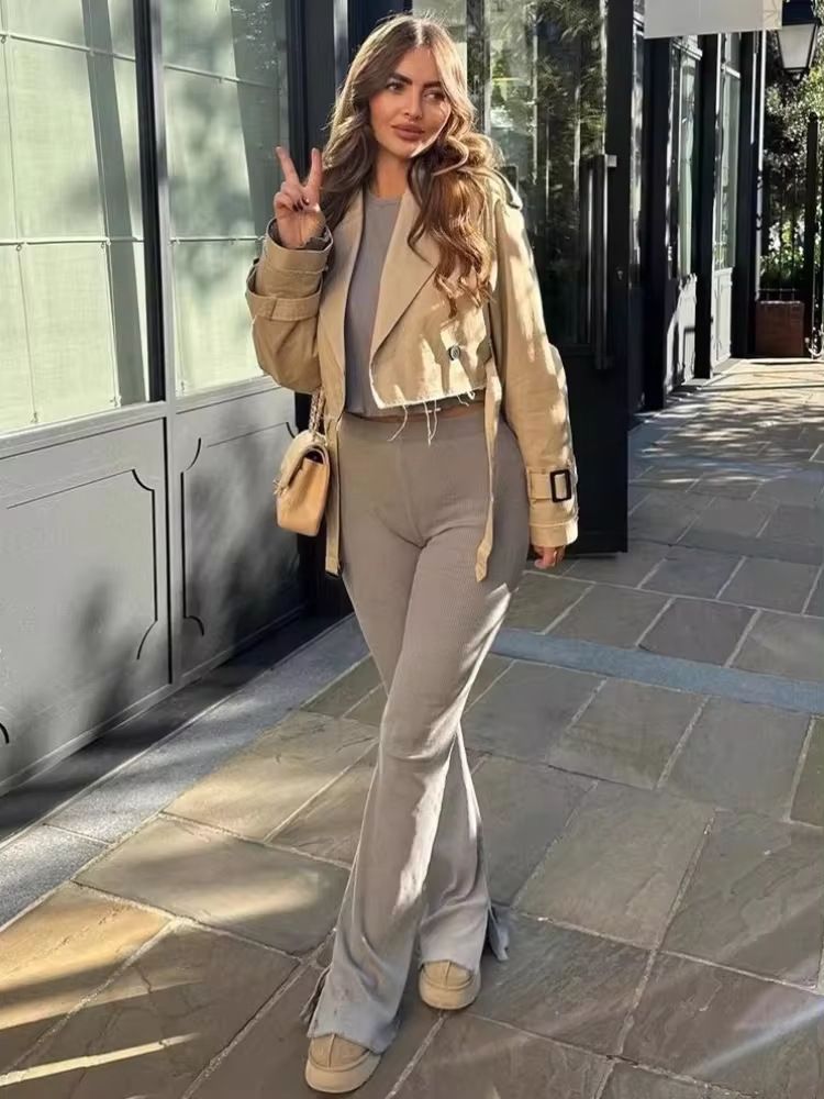 Trench corto da donna – Giacca blazer casual slim fit con cintura, doppiopetto (nero, cachi, marrone scuro, blu navy, verde militare)_voghion.com