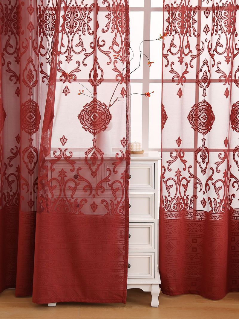 Coin-Pattern Lace Curtains – Semi-Sheer Polyester Window Treatments For Living Room, Bedroom & Kitchen (Red/Beige/White, Multiple Sizes)_voghion.com