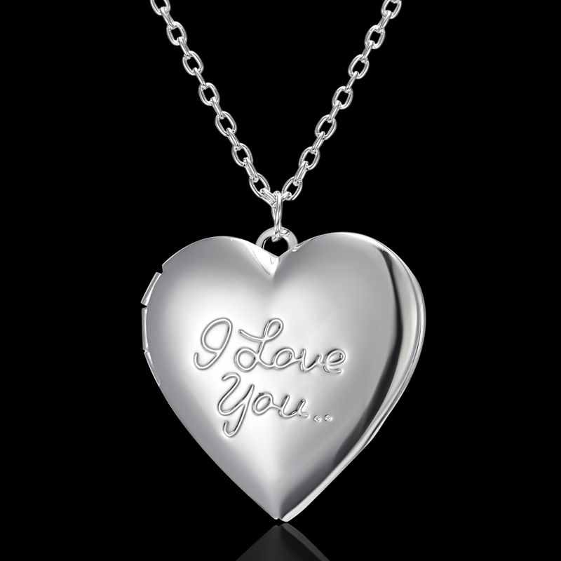 New Carved Peach Heart Openable Frame Box Photo Pendant Necklace For Women Silver Plated_voghion.com