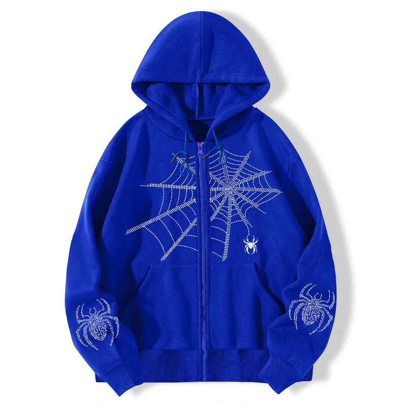 American Retro Spider Print Hoodie Matrix Cardigan Lose Reißverschlusspullover Herbst- und Winter-Fleece-Freizeitjacke_voghion.com