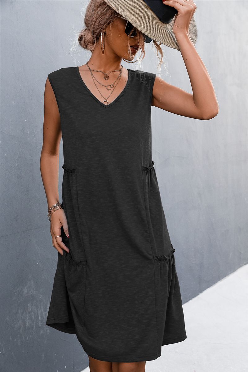 2023 frühjahr/Sommer Neue Solide V-ausschnitt Ärmelloses Tank Top Gestrickte Kleid Kurzen Rock_voghion.com
