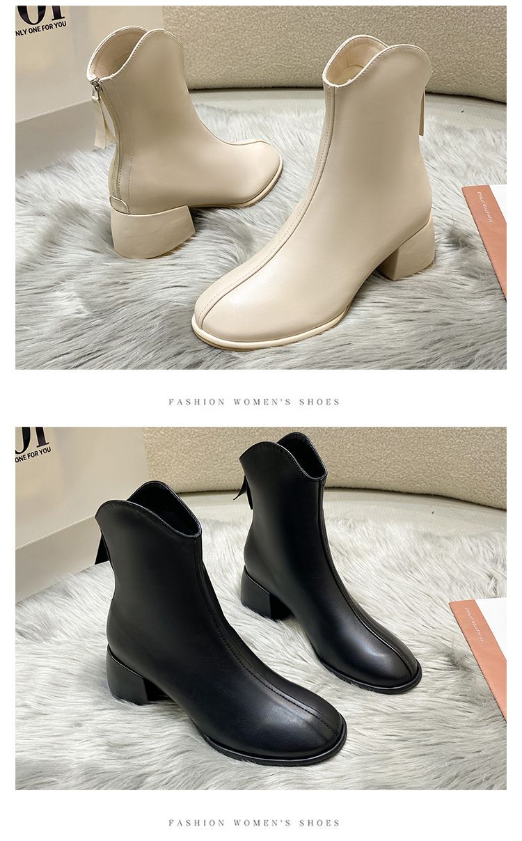 V-Ausschnitt, kurze Damenstiefel mit dickem Absatz und quadratischer Spitze, Herbst und Winter, französische schmale Stiefel mit Reißverschluss hinten, große Größe, weiß_voghion.com