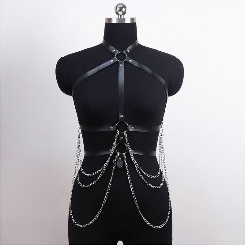 Leder Metall Körperkette Bralette Top Käfig Körpergeschirr Punk Gothic Strumpfband Gurt Verstellbar Fetisch Festival Tanz Rave Exotische Bondage Ausrüstung_voghion.com