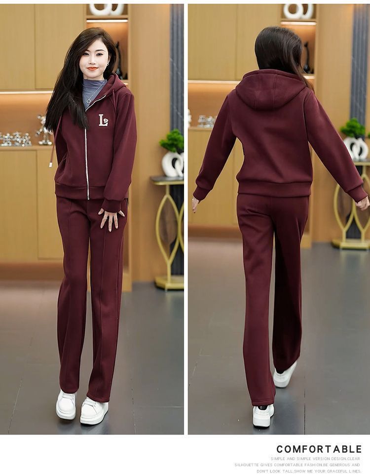 Women’s Fleece-Lined Hooded Tracksuit Set - Winter Warm Two-Piece Outfit With Zip-Up Jacket & Joggers (Oatmeal/Brown/Angora Red) M-4XL_voghion.com