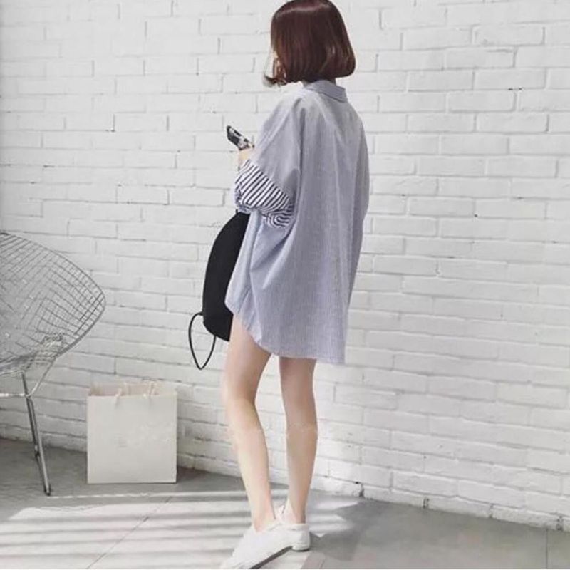 Women's Clothing Autumn striped shirt women's mid length long sleeved large size student versatile loose boyfriend style jacket village clothes_voghion.com