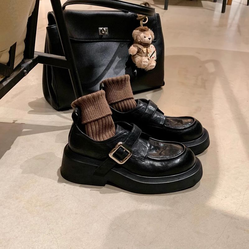 Cowhide Verion ~ Grape Mom Same Style Wahed Genuine Leather Round Toe Britih Slip-On Chunky Heel Loafer Women'_voghion.com