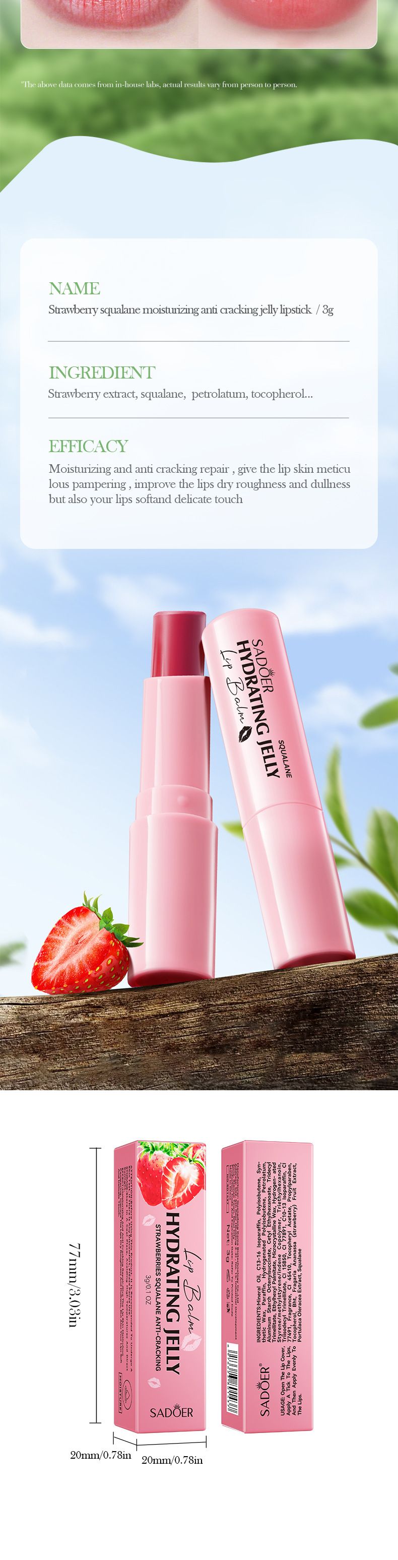 Balsamo labbra idratante anti-screpolature alla fragola, 3 g_voghion.com